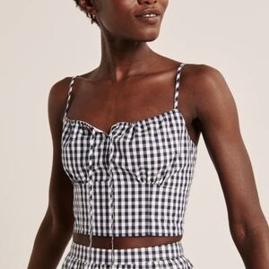 Abercrombie & Fitch Gingham Check Tie Front Cropped Poplin Smocked Navy Top Sz S